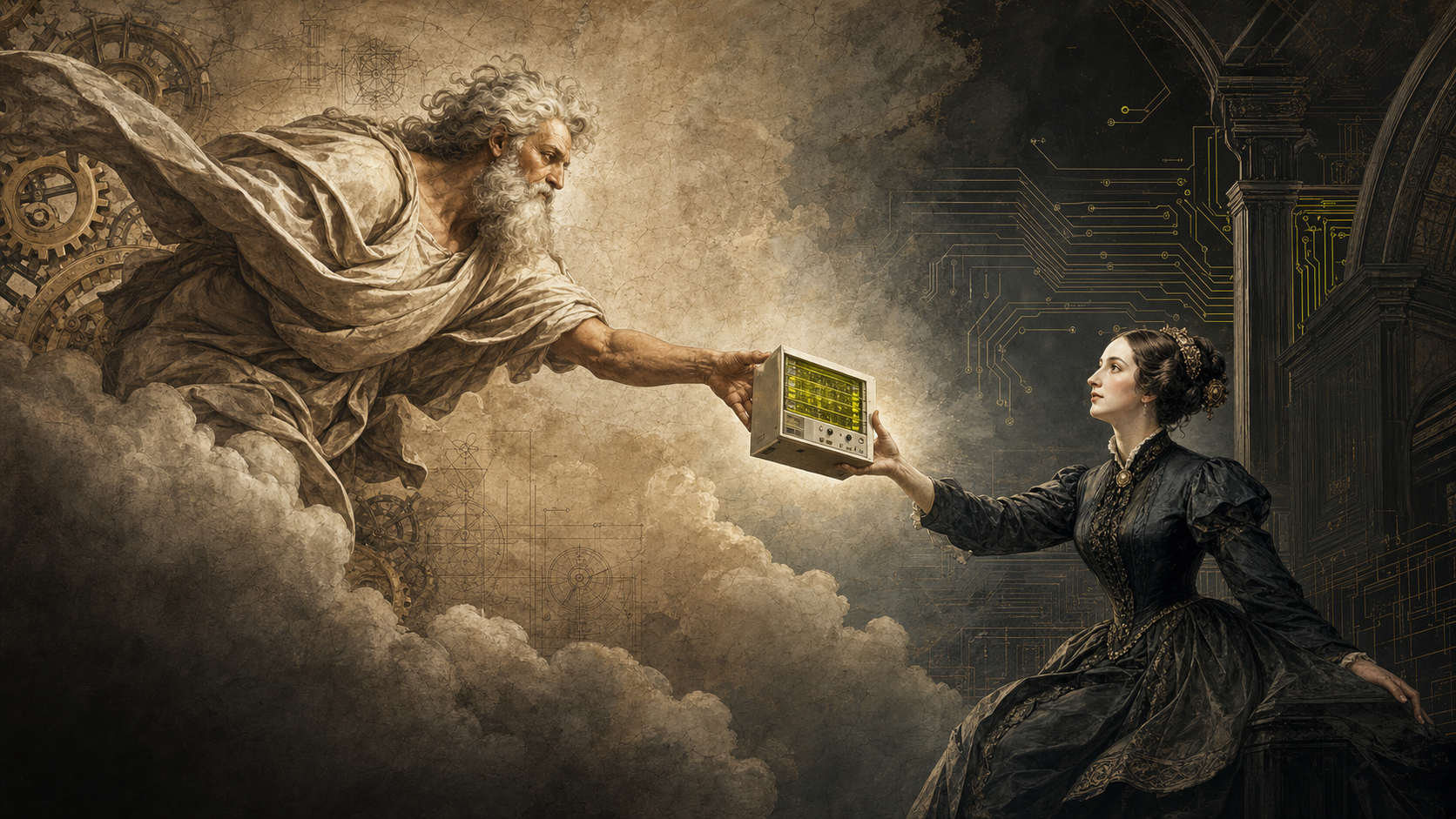 A futuristic reinterpretation of the Creation of Adam: a creator passes a luminous computer to Ada, transforming an idea into a working digital product.